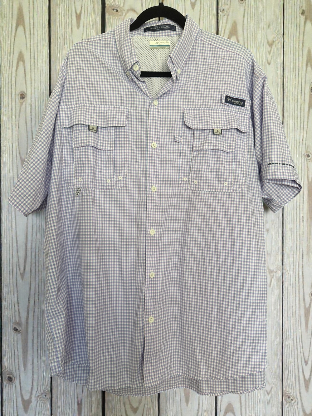 Columbia PFG Super Bahama Fishing Shirt Men’s Large Purple Plaid Omni-Shade